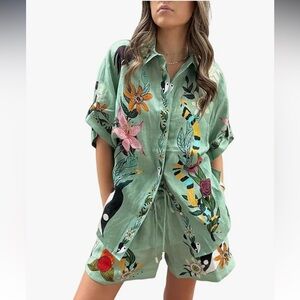Boho Linen Shirt and Shorts Set size Medium